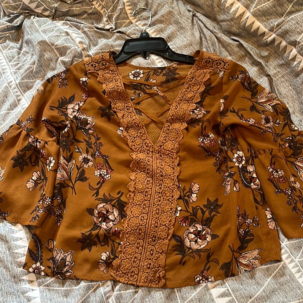 Sheer Half-Sleeve, Brown/Orange Floral Top, Laced V Neck